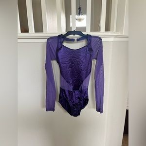 Medium purple open back long sleeve shiny mesh leotard